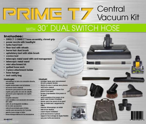 TCS Prime T7 Central Vacuum Kit 30ft Direct Connect hose w/ Power Nozzle